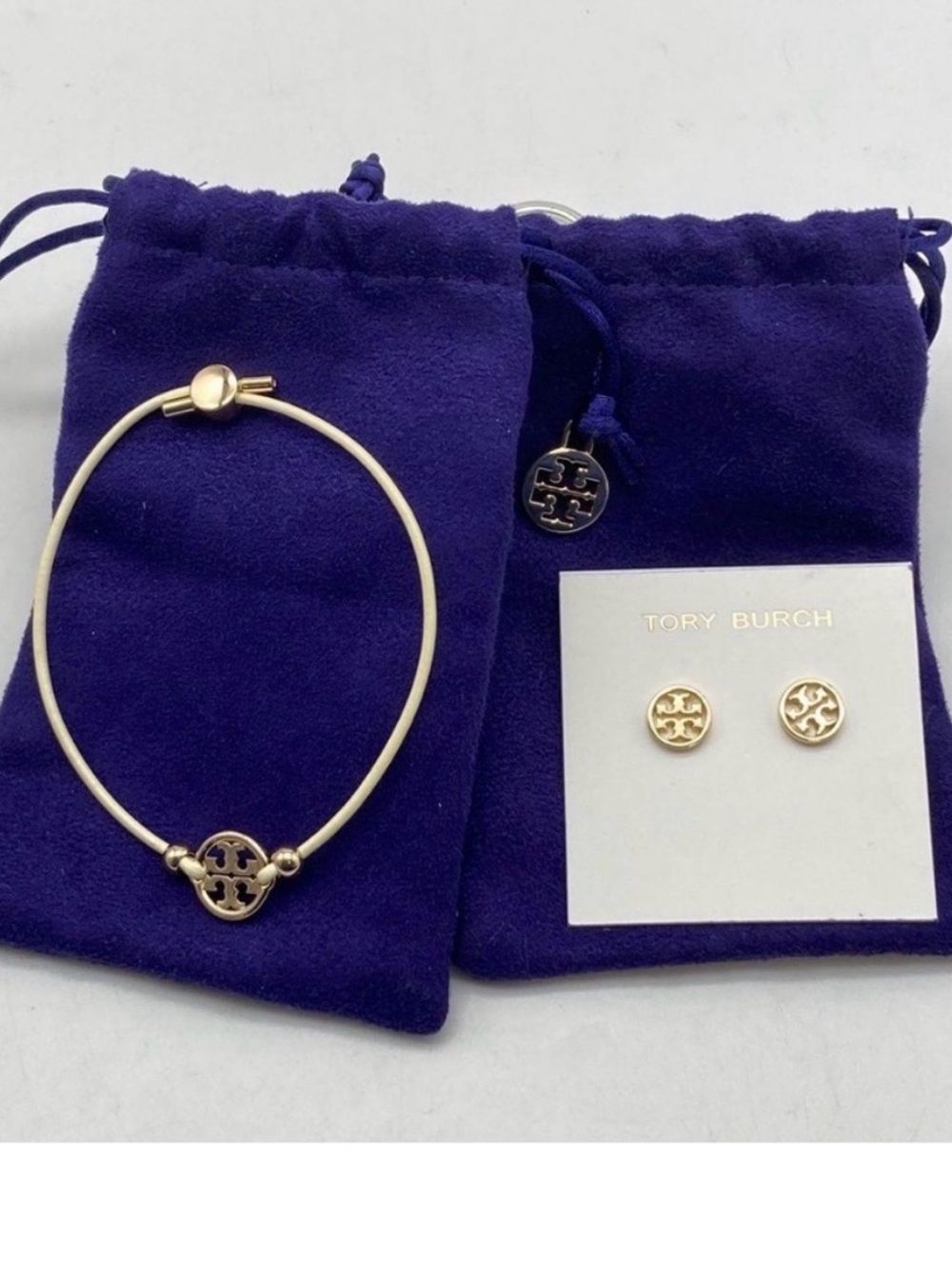 Tory Burch Miller Logo Bracelet & Stud Earrings Set Gold Tone w/ TT Dusty - EUC